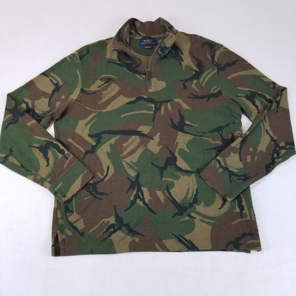 Polo Ralph Lauren Sweater Mens Medium Green Camo Estate Rib Quarter Zip Pullover - Picture 1 of 11